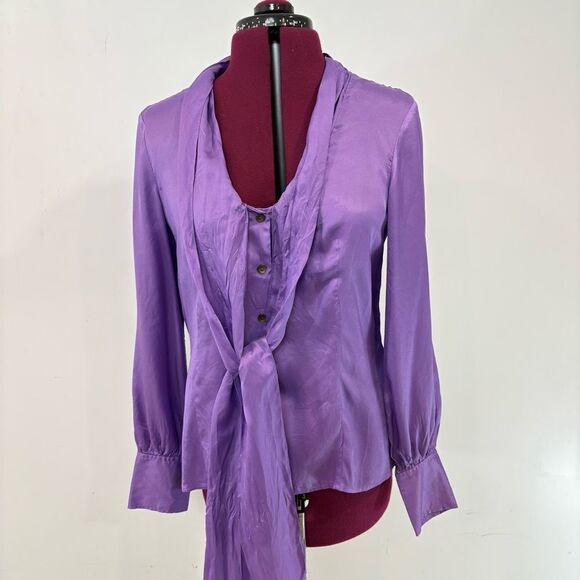 Jones NY Silk Satin Purple Bow Flutter Silk Blouse Fall Long-Sleeved sz 4 - Picture 6 of 13